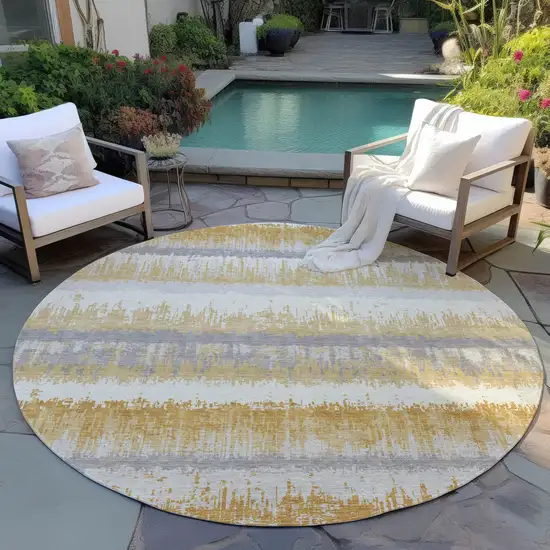 8' Gold Copper And Gray Round Striped Washable Indoor Outdoor Area Rug Photo 7