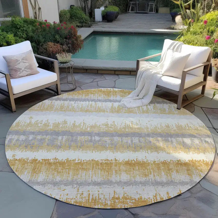 8' Gold Copper And Gray Round Striped Washable Indoor Outdoor Area Rug Photo 7
