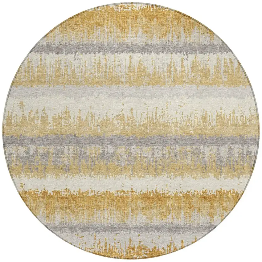 8' Gold Copper And Gray Round Striped Washable Indoor Outdoor Area Rug Photo 5