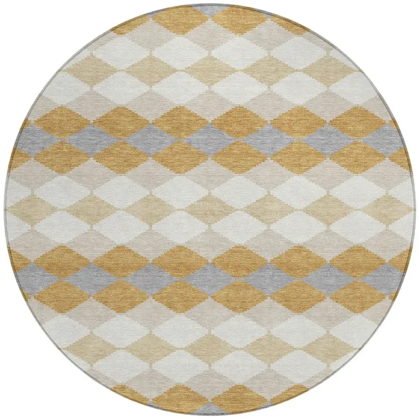 8' Gold Copper And Ivory Round Geometric Washable Indoor Outdoor Area Rug Photo 5