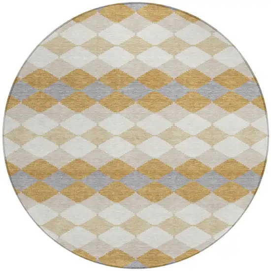 8' Gold Copper And Ivory Round Geometric Washable Indoor Outdoor Area Rug Photo 5