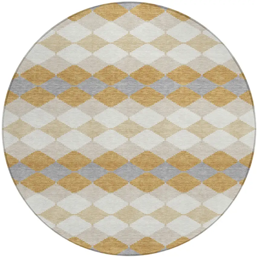 8' Gold Copper And Ivory Round Geometric Washable Indoor Outdoor Area Rug Photo 2