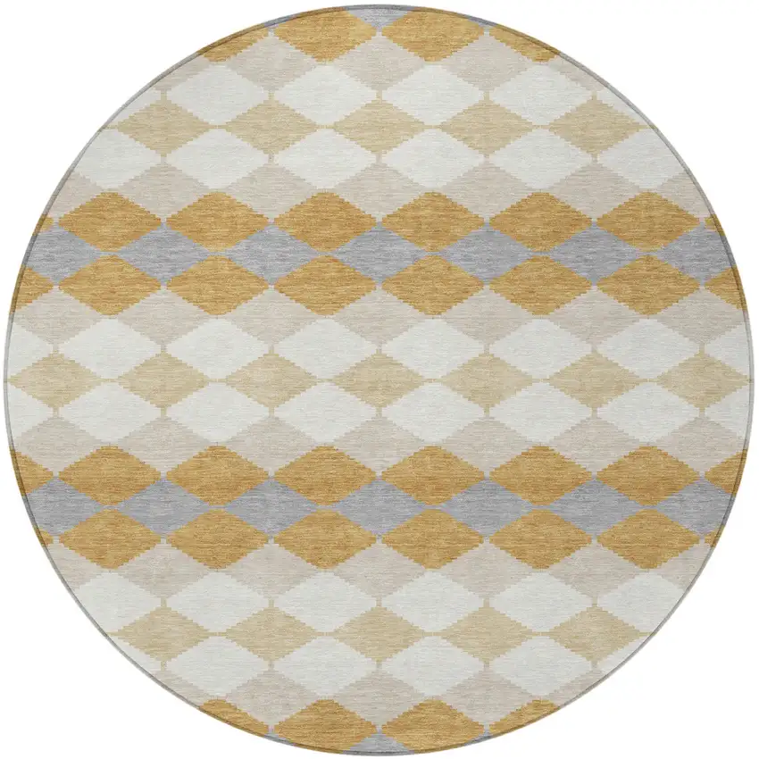 8' Gold Copper And Ivory Round Geometric Washable Indoor Outdoor Area Rug Photo 6