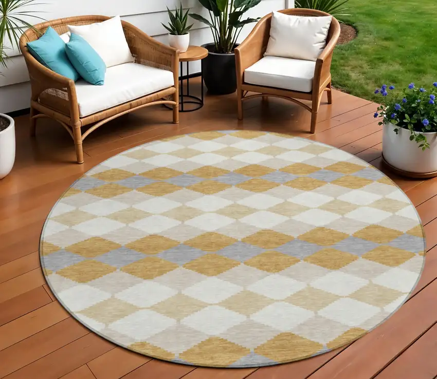 8' Gold Copper And Ivory Round Geometric Washable Indoor Outdoor Area Rug Photo 1