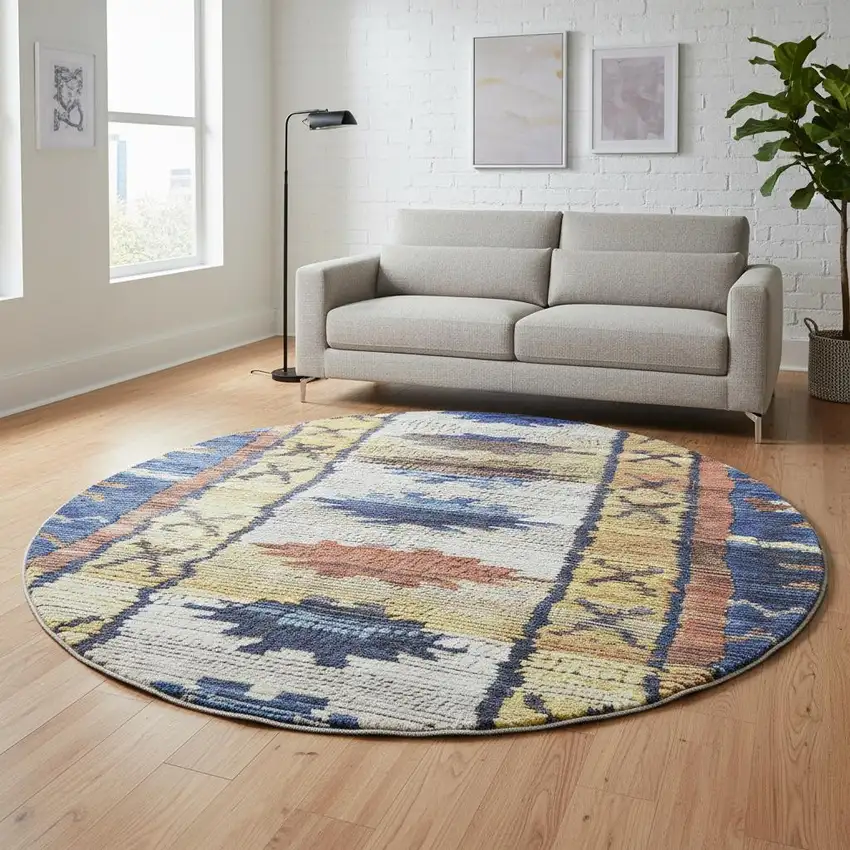 8' Gold Copper And Ivory Tribal Washable Round Rug With UV Protection Photo 2