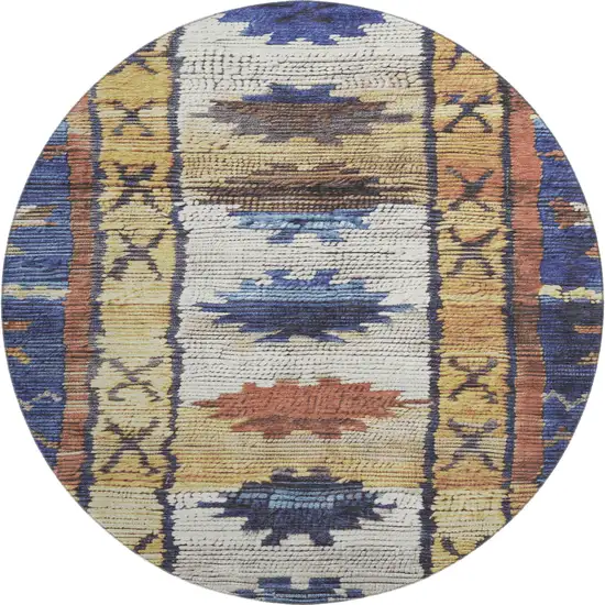 8' Gold Copper And Ivory Tribal Washable Round Rug With UV Protection Photo 1
