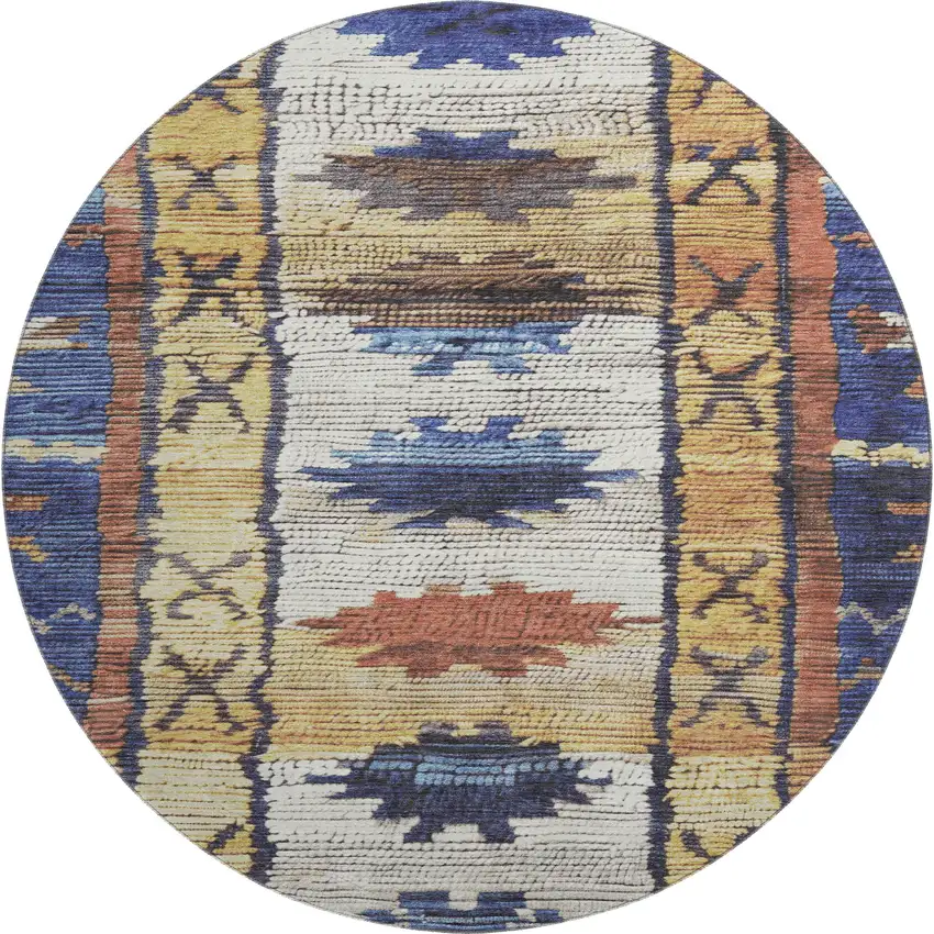 8' Gold Copper And Ivory Tribal Washable Round Rug With UV Protection Photo 1