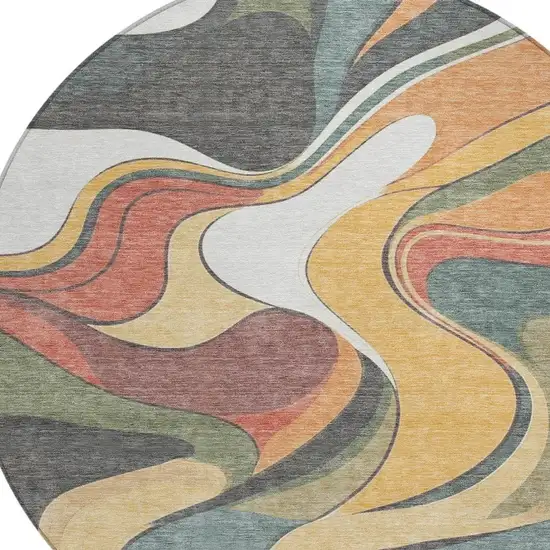 8' Gold Copper And Olive Green Round Abstract Washable Indoor Outdoor Area Rug Photo 7