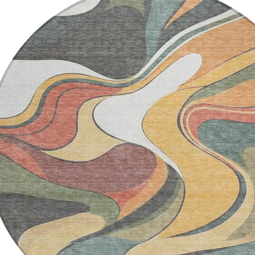 8' Gold Copper And Olive Green Round Abstract Washable Indoor Outdoor Area Rug Photo 7