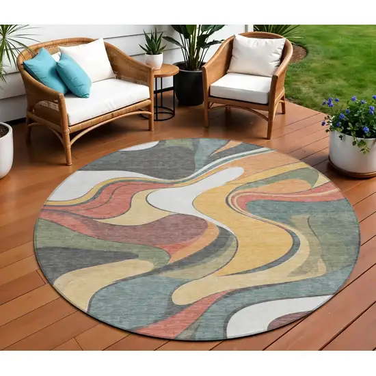 8' Gold Copper And Olive Green Round Abstract Washable Indoor Outdoor Area Rug Photo 2