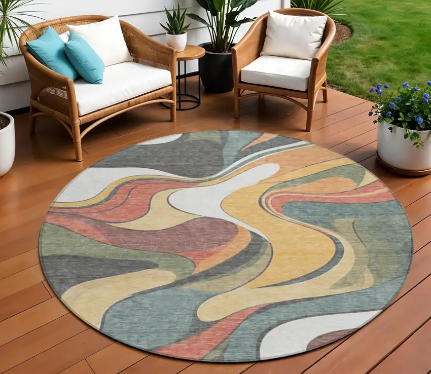 8' Gold Copper And Olive Green Round Abstract Washable Indoor Outdoor Area Rug Photo 2