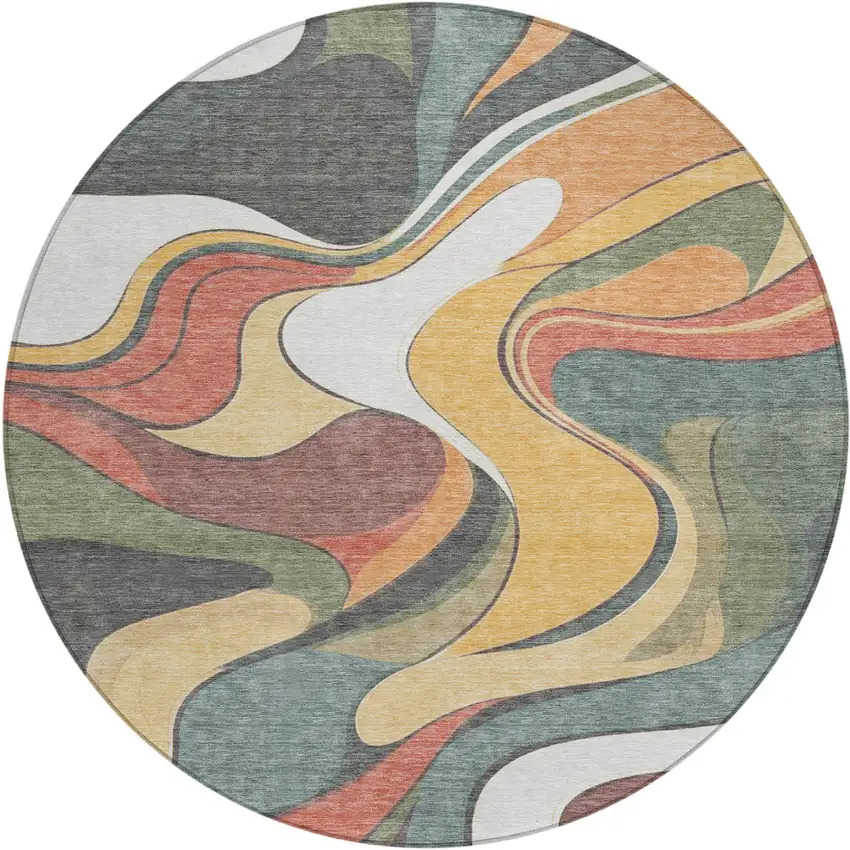 8' Gold Copper And Olive Green Round Abstract Washable Indoor Outdoor Area Rug Photo 1