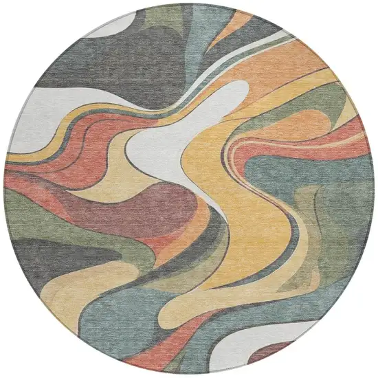 8' Gold Copper And Olive Green Round Abstract Washable Indoor Outdoor Area Rug Photo 4