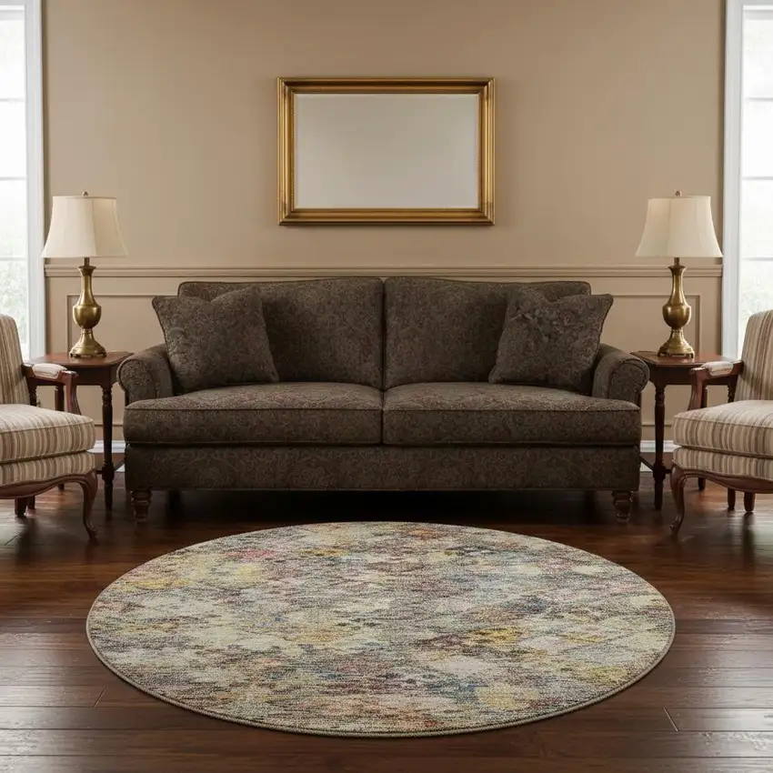 8' Gold Coral And Blue Abstract Geometric Washable Round Rug With UV Protection Photo 2