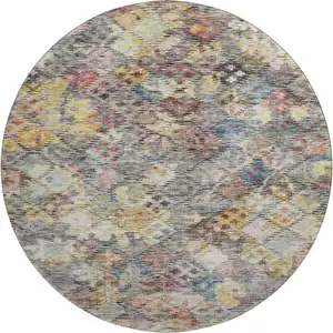 Photo of 8' Gold Coral And Blue Abstract Geometric Washable Round Rug With UV Protection