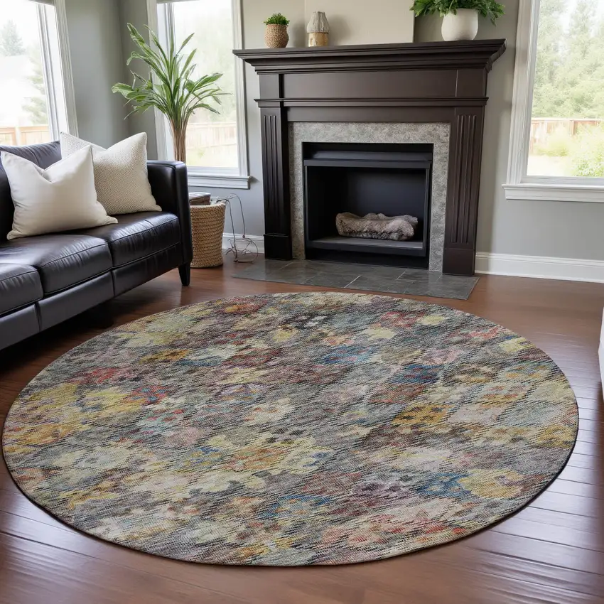 8' Gold Coral And Blue Abstract Geometric Washable Round Rug With UV Protection Photo 4