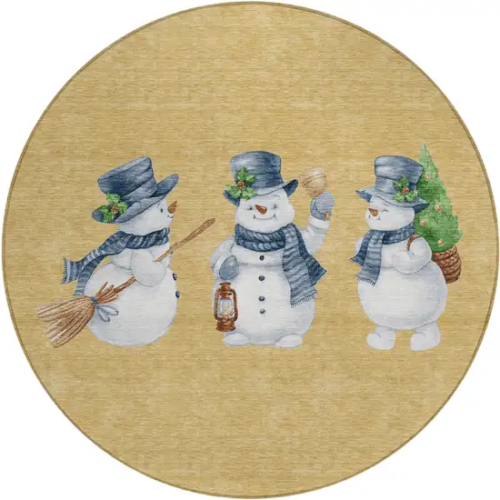 8' Gold Denim Blue And Ivory Round Botanical Leaves Washable Indoor Outdoor Area Rug Photo 1