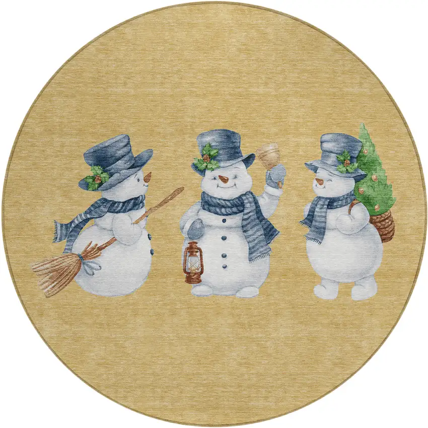 8' Gold Denim Blue And Ivory Round Botanical Leaves Washable Indoor Outdoor Area Rug Photo 1