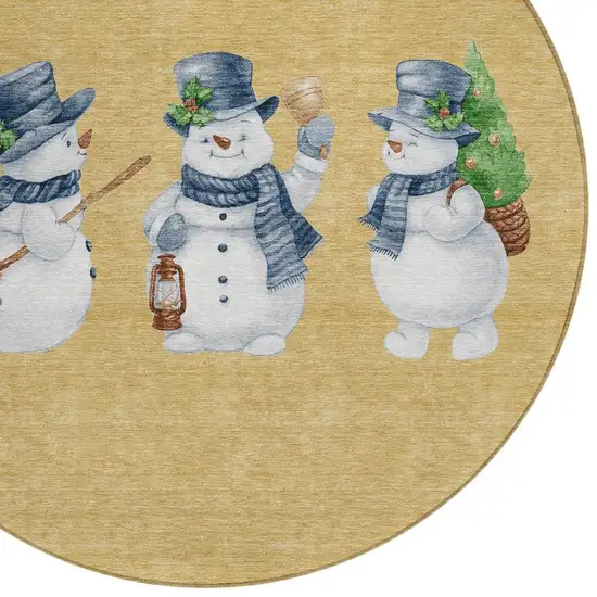 8' Gold Denim Blue And Ivory Round Botanical Leaves Washable Indoor Outdoor Area Rug Photo 4