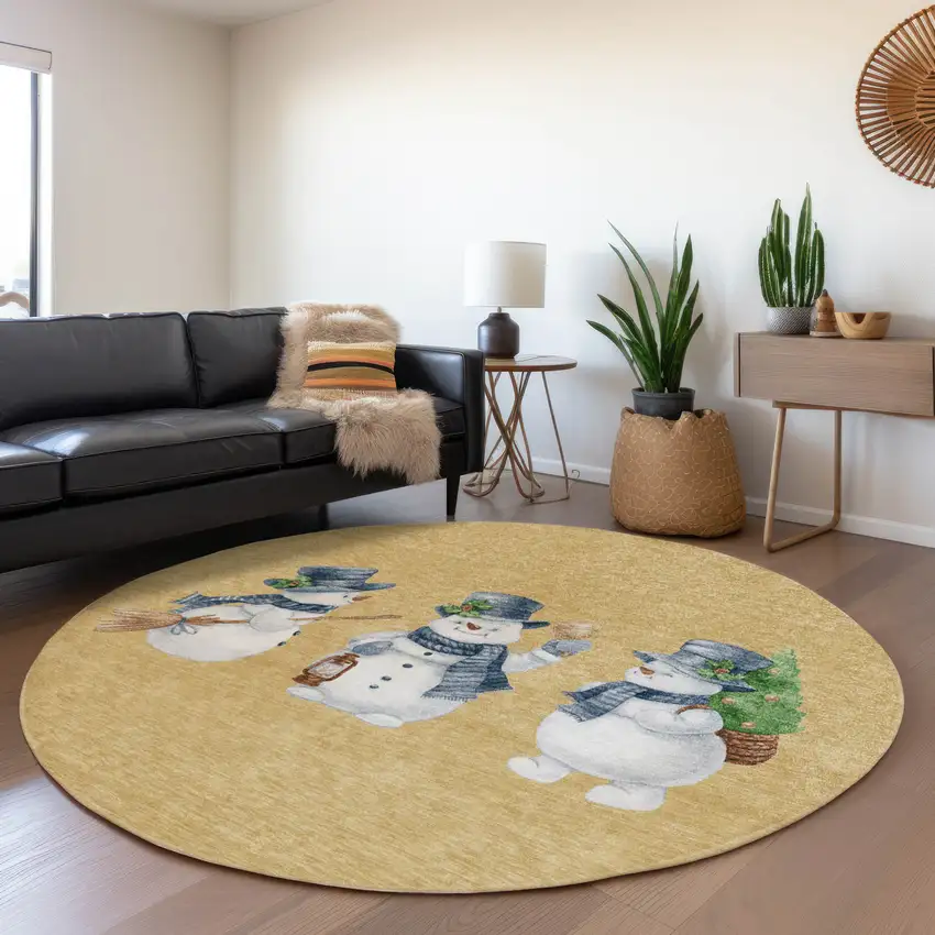 8' Gold Denim Blue And Ivory Round Botanical Leaves Washable Indoor Outdoor Area Rug Photo 6