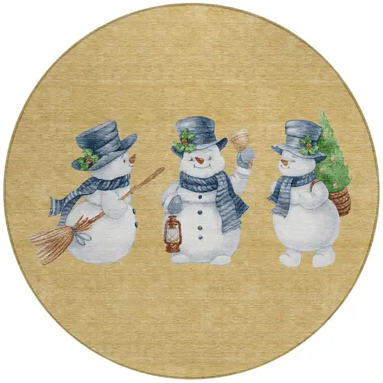 8' Gold Denim Blue And Ivory Round Botanical Leaves Washable Indoor Outdoor Area Rug Photo 3