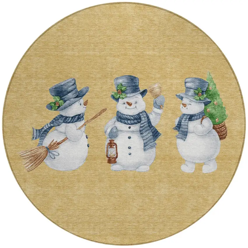 8' Gold Denim Blue And Ivory Round Botanical Leaves Washable Indoor Outdoor Area Rug Photo 3