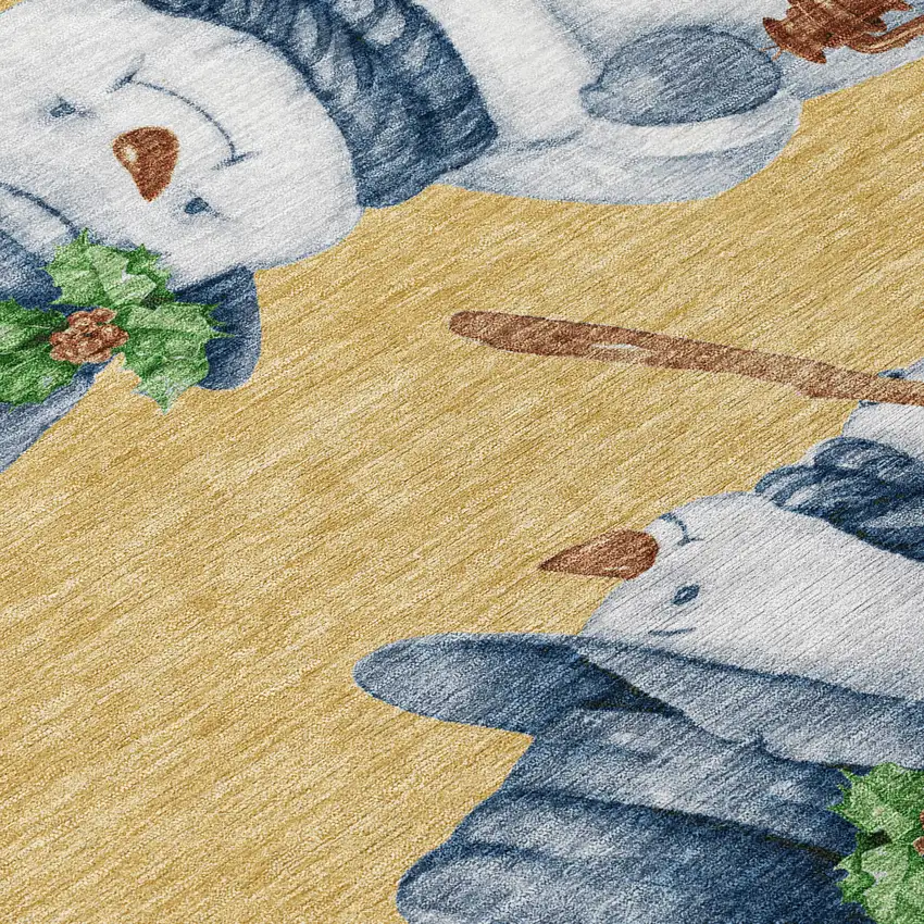 8' Gold Denim Blue And Ivory Round Botanical Leaves Washable Indoor Outdoor Area Rug Photo 8