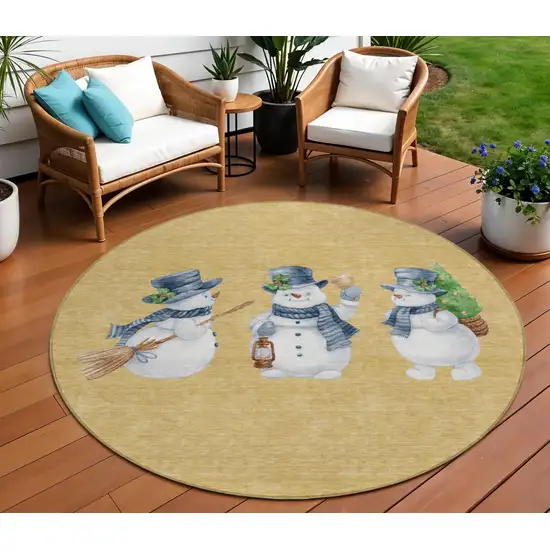 8' Gold Denim Blue And Ivory Round Botanical Leaves Washable Indoor Outdoor Area Rug Photo 2