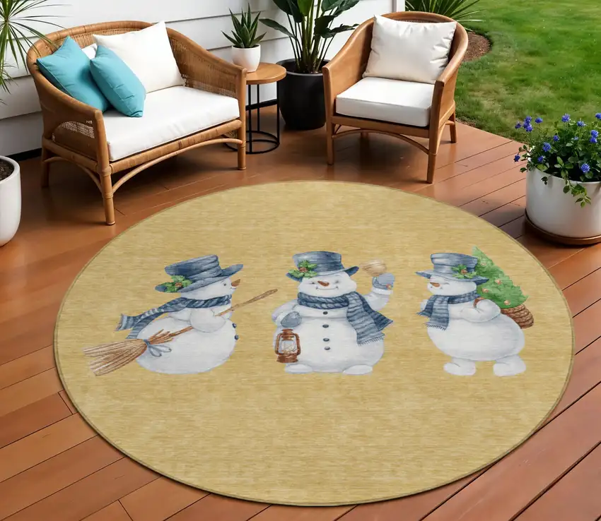 8' Gold Denim Blue And Ivory Round Botanical Leaves Washable Indoor Outdoor Area Rug Photo 2