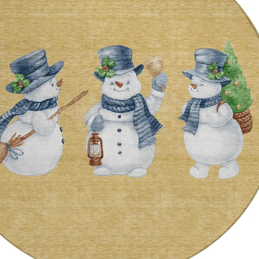 8' Gold Denim Blue And Ivory Round Botanical Leaves Washable Indoor Outdoor Area Rug Photo 9