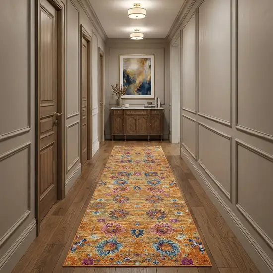 10' Gold Floral Power Loom Runner Rug Photo 1