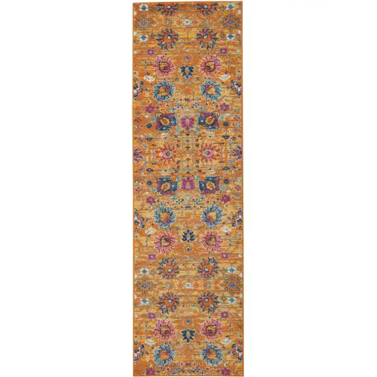 10' Gold Floral Power Loom Runner Rug Photo 4