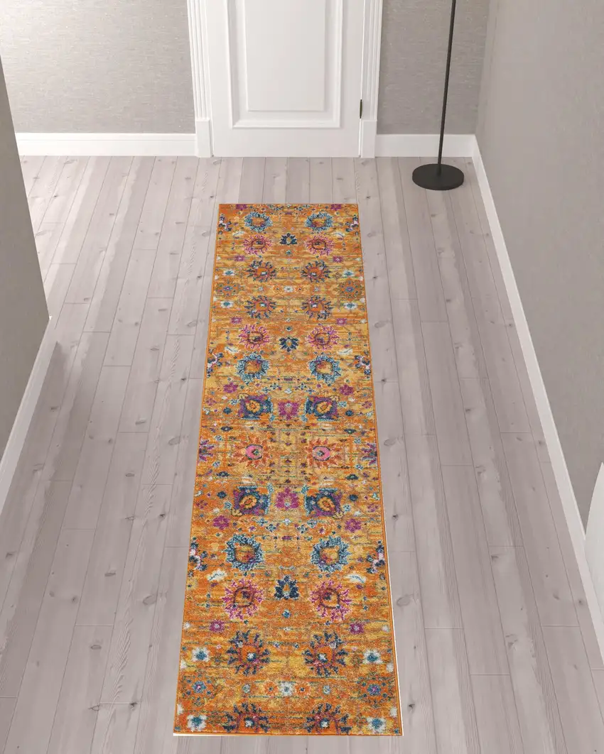 10' Gold Floral Power Loom Runner Rug Photo 2