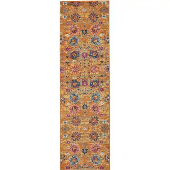10' Gold Floral Power Loom Runner Rug Photo 1
