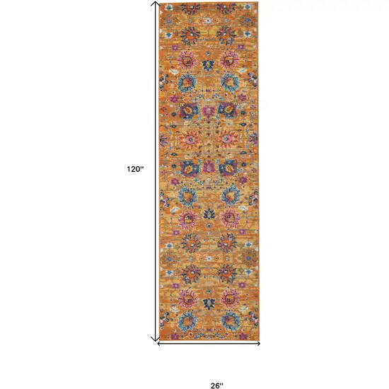 10' Gold Floral Power Loom Runner Rug Photo 6