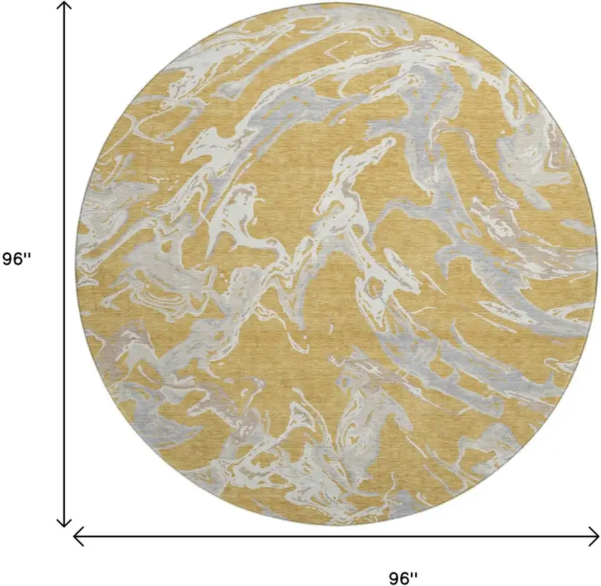 8' Gold Gray And Beige Abstract Washable Round Rug With UV Protection Photo 8