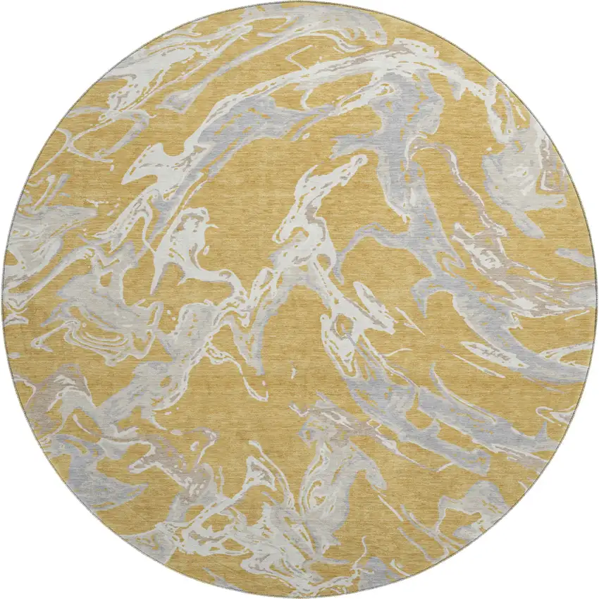 8' Gold Gray And Beige Abstract Washable Round Rug With UV Protection Photo 1