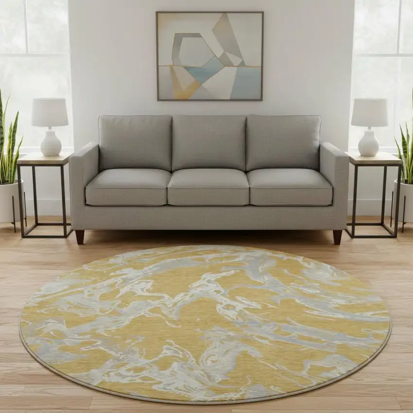 8' Gold Gray And Beige Abstract Washable Round Rug With UV Protection Photo 2