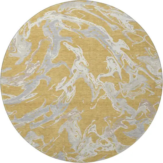 8' Gold Gray And Beige Abstract Washable Round Rug With UV Protection Photo 2