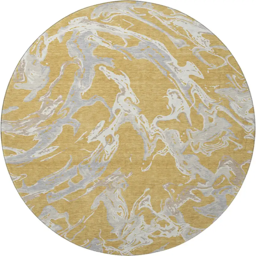 8' Gold Gray And Beige Abstract Washable Round Rug With UV Protection Photo 2