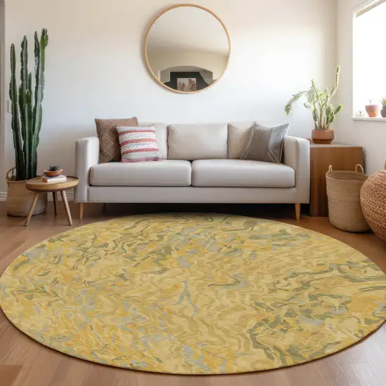 8' Gold Gray And Beige Round Abstract Washable Indoor Outdoor Area Rug Photo 8