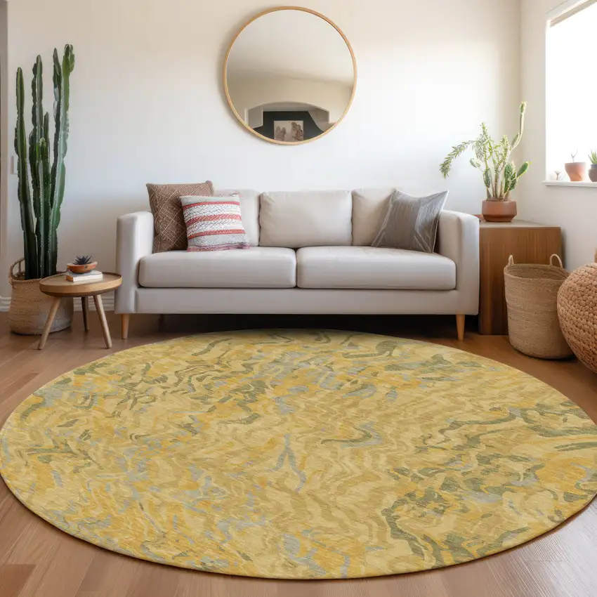 8' Gold Gray And Beige Round Abstract Washable Indoor Outdoor Area Rug Photo 8