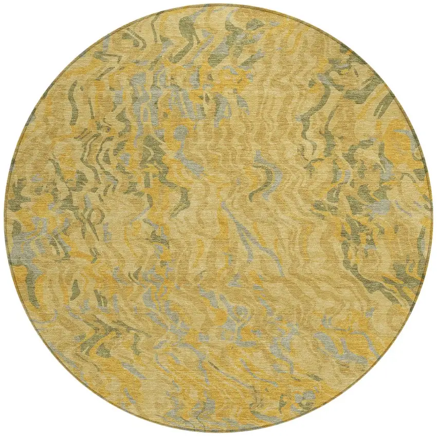 8' Gold Gray And Beige Round Abstract Washable Indoor Outdoor Area Rug Photo 6