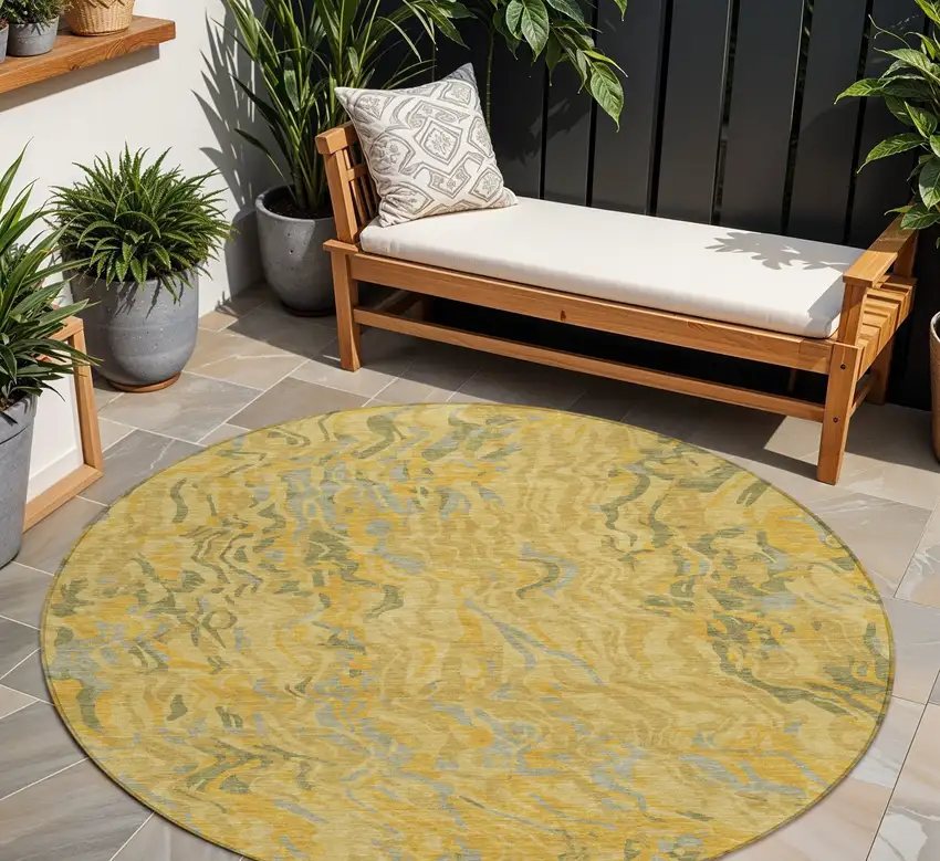 8' Gold Gray And Beige Round Abstract Washable Indoor Outdoor Area Rug Photo 1