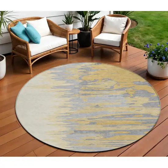 8' Gold Gray And Beige Round Abstract Washable Indoor Outdoor Area Rug Photo 1