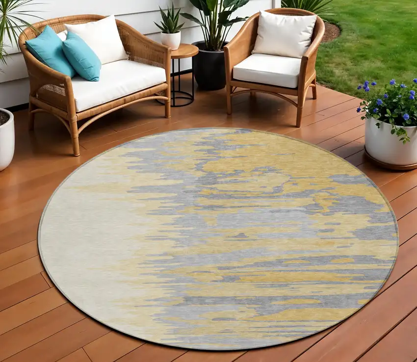 8' Gold Gray And Beige Round Abstract Washable Indoor Outdoor Area Rug Photo 1