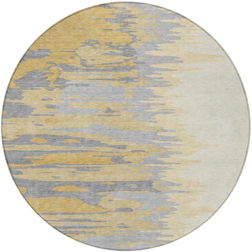 8' Gold Gray And Beige Round Abstract Washable Indoor Outdoor Area Rug Photo 5