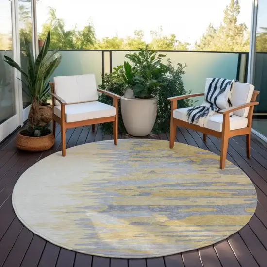 8' Gold Gray And Beige Round Abstract Washable Indoor Outdoor Area Rug Photo 6