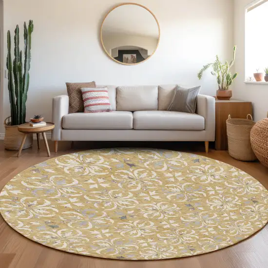 8' Gold Gray And Beige Round Floral Washable Indoor Outdoor Area Rug Photo 8