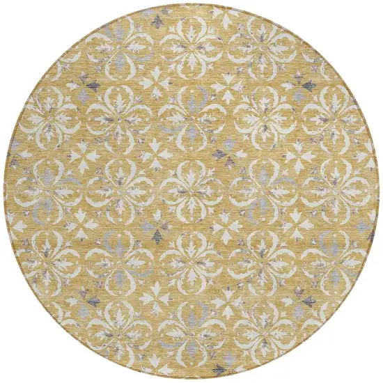8' Gold Gray And Beige Round Floral Washable Indoor Outdoor Area Rug Photo 6